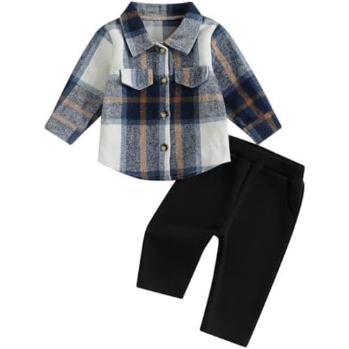 Toddler Boys Fall Outfits Plaid Flannel Baby Boy Jacket Button Down Shirts Pants 2Pcs Festival Clothes Set
