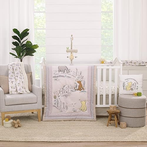 Disney Classic Pooh Naturally Friends Ivory and Taupe Piglet, Eeyore, and Tigger 3 Piece Nursery Crib Bedding Set - Comforter, 100% Cotton Fitted Crib Sheet, and Crib Skirt