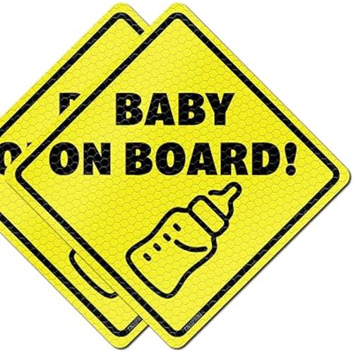 Baby On Board Magnet for Car - Essential Magnetic Sticker Sign for Bumper - 2 Pack, 5.5” by 5.5” - Reflective Bright Yellow - Cute Bottle Design Safety Signs, Accessories for Baby in Cars…