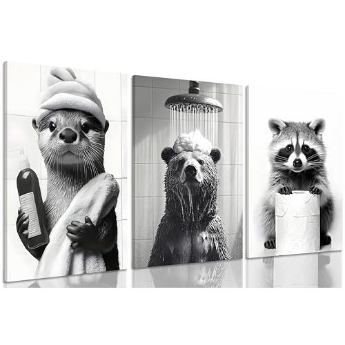 3Pcs Framed Black and White Animal Bathroom Wall Art Humor Bear Bathing Posters Prints Interesting Bathrobe Water Otter Picture Painting Cute Raccoon Wall Decor for Bathroom Washroom laundry room