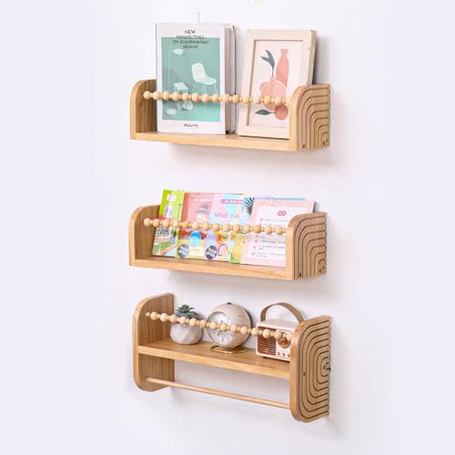SAG's store Floating Nursery Shelves - Set of 3 Natural Wood Wall-Mounted Bookshelves for Kids Room, Baby Room, Nursery Decor - 15.7" Wide, Solid Wood Shelves for Books, Toys, and Decor Storage