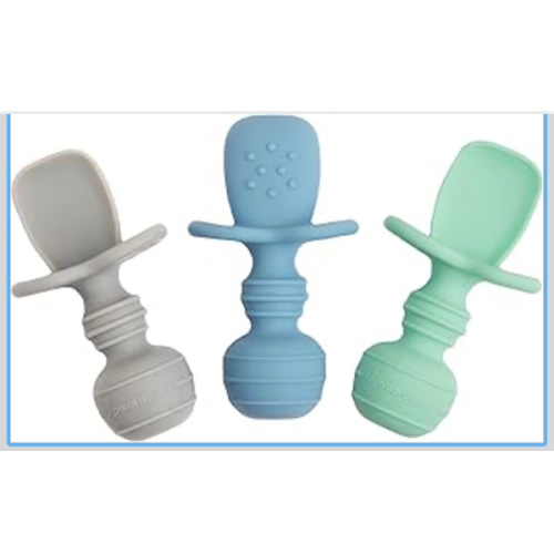 UpwardBaby Self-Feeding Spoon with Choke Barrier - Silicone Baby Spoons Toddler Utensils for Home & Travel, Textured Tips Massage Gums & Baby-Led Weaning, Tiny, Pack of 3, Blue/Gray/Mint