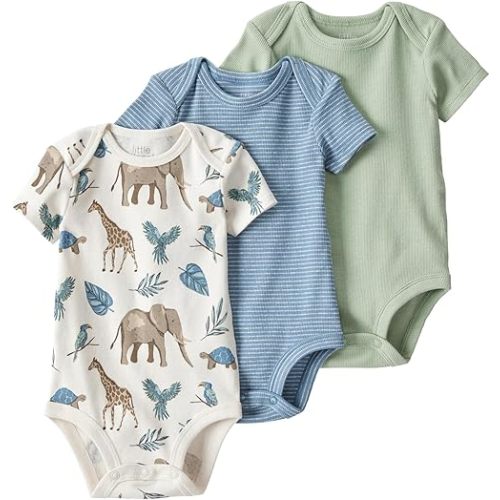 little planet by carter's Baby 3-Pack Short Sleeve Bodysuits made with Organic Cotton, Moss Green, Blue Stripe, Safari Print, 9M