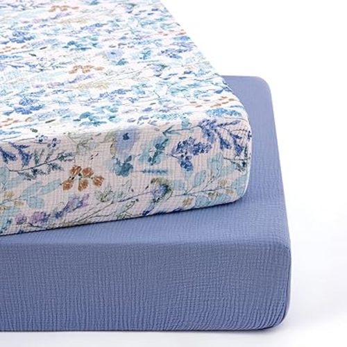 TILLYOU 2 Pack Muslin Crib Sheets for Boys and Girls, 100% Cotton Fitted Crib Sheet for Toddler 52"x28" Standard Crib Mattress, Blue Flower