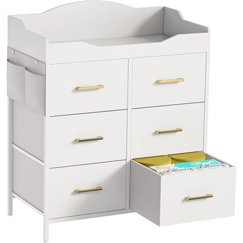 White Changing Table Dresser with 6 Fabric Drawers and Side Pockets, Nursery Dresser with Changing Top, Baby Dresser with Drawers, Diaper Changing Station for Nursery and Bedroom
