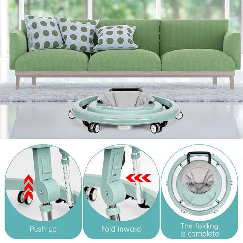 Baby Walker Foldable with 9 Adjustable Heights, Baby Walkers and Activity Center for Boys Girls Babies 6-12 Months, Baby Walker and Bouncer Combo with Wheels Portable Anti-Rollover