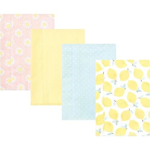 Hudson Baby Unisex Baby Cotton Flannel Burp Cloths, Lemon Daisy 4 Pack, One Size