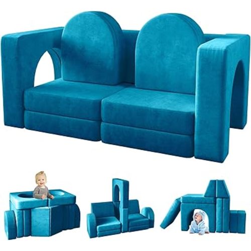 wanan Kids Couch 10PCS, Modular Kids Play Couch for Playroom Bedroom, 10 in 1 Multifunctional Kid Sofa for Playing, Creativing, Sleeping, Indoor Toddler Couches for Boys and Girls (Blue)