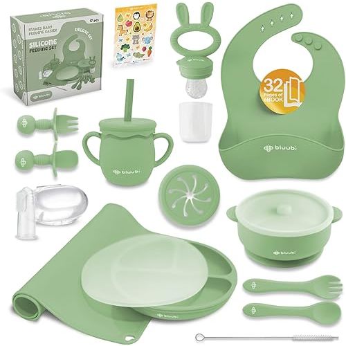 Silicone Baby Feeding Set - Infant Tableware for First Foods & Baby, Led Weaning (0+ Months), Easy to Clean, Durable, Perfect for Baby Boy or Girl, Solid Feeding - Olive - Deluxe