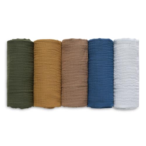 Muslin Swaddle Blankets, Neutral Burp Cloths Receiving Blanket Swaddling for Newborn Boys and Girls, 5 Pack Breathable and Skin-Friendly Swaddle Wrap for Infant Baby (Elegant Colors)