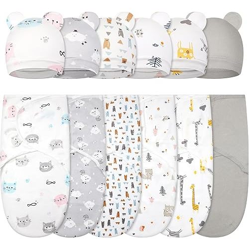 Ramede 6 Pack Baby Swaddle Blanket with Hats Sleep Swaddle for 0-3 Months Newborn Sacks Soft Cotton Wearable for Boy Girl