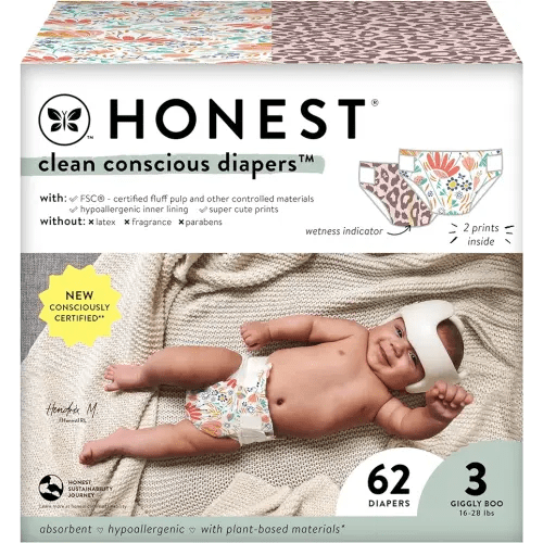 The Honest Company Clean Conscious Diapers | Plant-Based, Sustainable | Wild Thang + Flower Power | Club Box, Size 3 (16-28 lbs), 62 Count