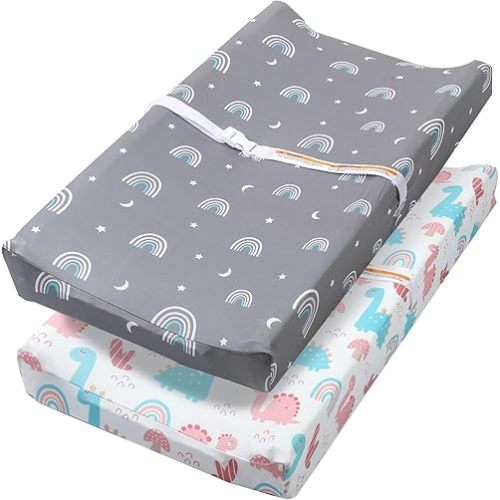 Changing Table Pad Cover Elastic Changing Pad Cover Premium Baby Changing Pad Cover 2 Pack for Boys Girls Soft and Comfortable (Rainbow and Dinosaur Park)