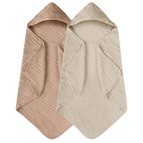Hooded Baby Towels for Newborn 2 Pack 100% Muslin Organic Cotton Baby Bath Towel with Hood, 32x32Inch, Beige&Coffee Color