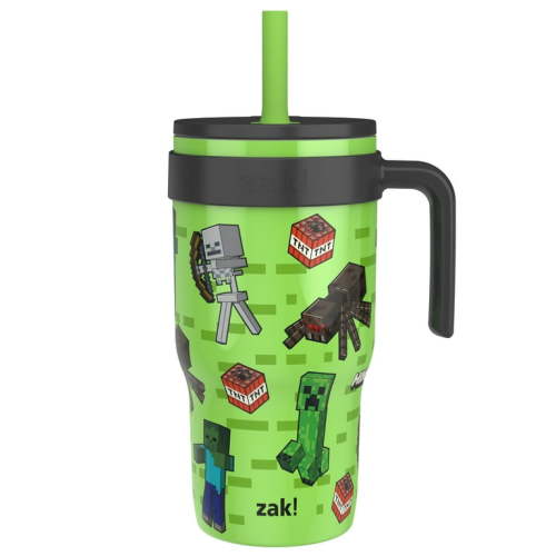 Zak Designs 18oz Minecraft Kids Straw Handle Tumbler, Stainless Steel Vacuum Insulated Cruiser Tumbler with Silicone Straw Utilizing Leak-Proof Valve, Creeper & TNT, Green