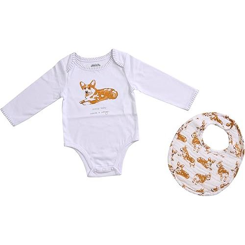 MUD PIE Baby Dog Breed Bodysuit and Bib Set, Corgi, 0-6 Months