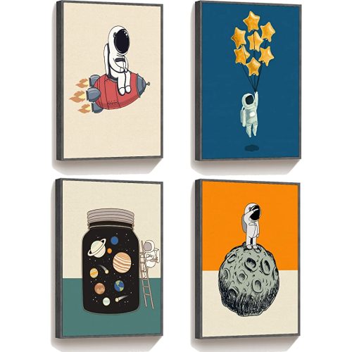 Space Wall Art, Framed Space Poster for Bedroom Decor Set of 4, Cute Paintings Living Room Wall Decor, Kids Nursery Space Decor, Space Canvas Wall Art Astronaut Figure Picture for Boys 12x16 - 12x16"(30x40cm) - Style set of 4