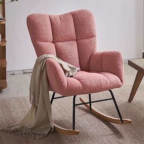 Nursery Rocking Chair, Teddy Fabric Upholstered Glider Rocker with High Backrest, Modern Rocking Accent Chairs Comfy Side Chair for Nursery, Bedroom, Living Room (Pink)