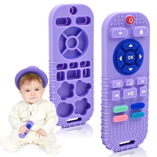 AiTuiTui Baby Teething Relief Sensory Chew Toys for 3 6 9 12 Months, Silicone Infant Teether Remote Control Bath Toy for Newborn Toddlers Boy Girl Autism Baby Shower Birthday Gifts, Purple