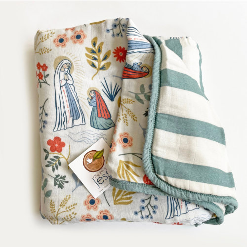 Our Lady of Lourdes and St. Bernadette Luxury Double sided Muslin 8 Layer Quilt (Beige & Stripes)