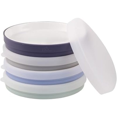 Elk and Friends Kids 7.8” Porcelain White Plates with Silicone Sleeves + Lids | Suitable for Babies/Toddlers | Microwave & Dishwasher Safe | Non Slip Dinnerware | Snack Dishes | 4 Pack