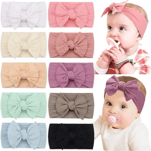 CÉLLOT 10 Colors Super Stretchy Soft Knot Baby Girl Headbands with Hair Bows Nylon Head Wrap For Newborn Baby Girls Infants Toddlers Kids