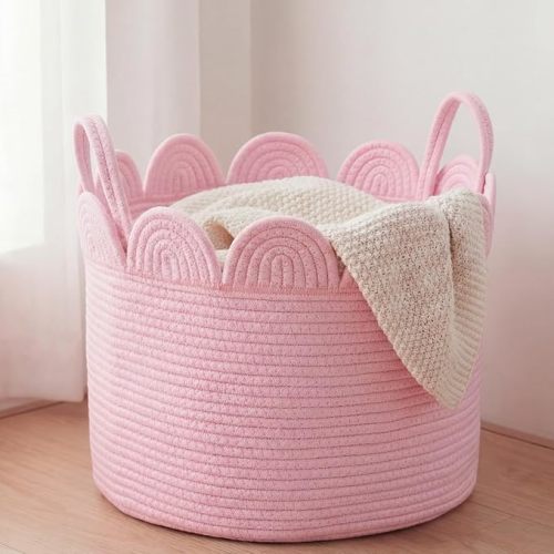 LemonRoad Pink Rope Basket Scalloped Woven Baskets 15.8" L x 15.8" w X13.8 h Cotton Storage Round Basket for Nursery Classroom Closet Blankets Storage Home Decor