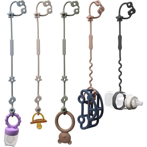 Toy Straps for Baby, 5pcs Adjustable Toy Holder for Stroller Accessories, Silicone Baby Tether Pacifier Clip, No Throw Baby Travel Essential Leash for High Chair, Car Seat (Sage)