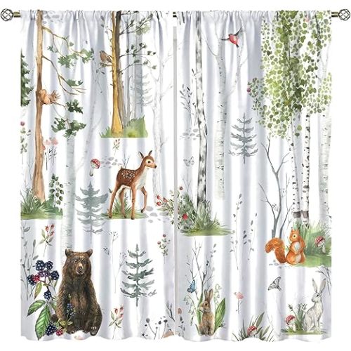 Forest Animals Curtains for Kids Room,Modern Abstract Watercolor Art Woodland Wild Animals Deer Elk Foxes Nature Landscape Window Drapes for Living Room 21x63in,2 Panel Set