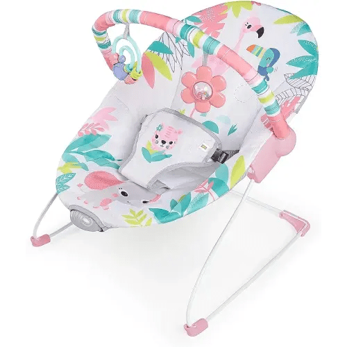 Bright Starts Baby Bouncer Soothing Vibrations Infant Seat - Removable-Toy Bar, Nonslip Feet, 0-6 Months Up to 20 lbs (Flamingo Vibes, Pink)