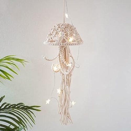 BYVUTE Jellyfish Wall Hanging, Art Decor Handmade Woven Boho Ornament Ocean Fish Wall Tapestry Macrame Hanger, for Office Bedroom Apartment Living Room Nursery Gallery (White)