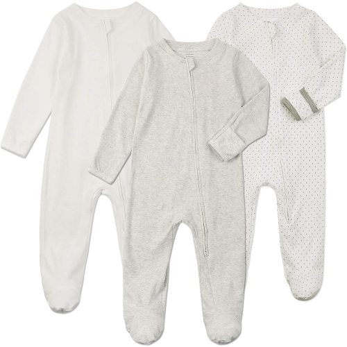 Aablexema Baby Footie Pajamas with Mittens - 3 Pcs Infant Girls Boys Footed Onesies Sleeper Newborn Cotton Sleepwear Outfits - 9-12 Months - White/Grey/Dot(zipper Style)
