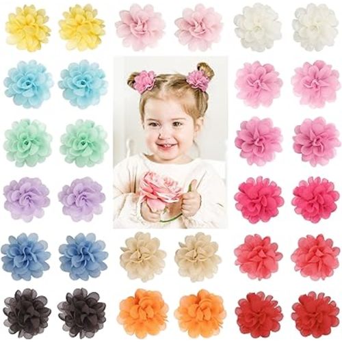 30pcs 2" Chiffon Flower Pearl Hair Clips for Girls Half Lined Non Slip Tiny Baby Clips Hair Accessories for Baby Girls Newborns Infants Toddlers 15 Colors in Pairs