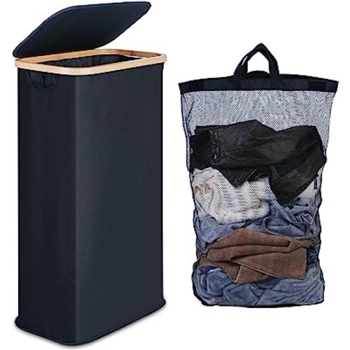 efluky Slim Laundry Hamper with Lid, Narrow Laundry Hamper with Removable Bags, Collapsible Dirty Clothes Basket with Handles for Bathroom, Bedroom & Laundry Room, 63L Black