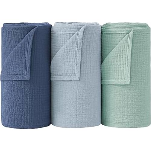 Bearmoss Muslin Swaddle Blankets 100% Cotton Large Baby Swaddle Blankets 47x47in, Super Soft Breathable Receiving Blankets for Unisex Baby Boys Girls (3Pack Indigo Tree)