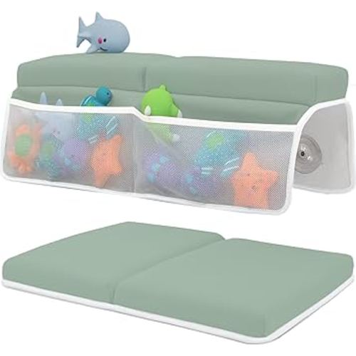 Baby Bath Kneeler and Elbow Rest Pad Set - Baby Bath Support for Knees and Elbows - Bath Kneeler Pad with Memory Foam and Bath Toys Organizer - Ideal Bath Kneeling Pad for Bathing Baby - Green
