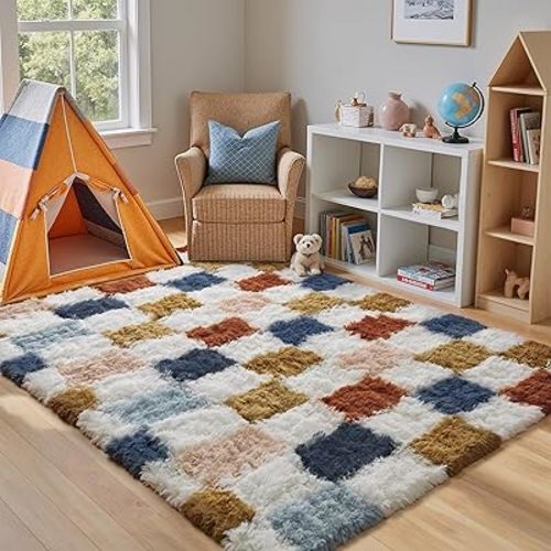 Checkered Rug 4x6 for Living Room, Modern Rainbow Shag Rug Super Soft Washable Fluffy Rugs Indoor Fuzzy Carpet for Bedroom Home Dorm Aesthetic Decor
