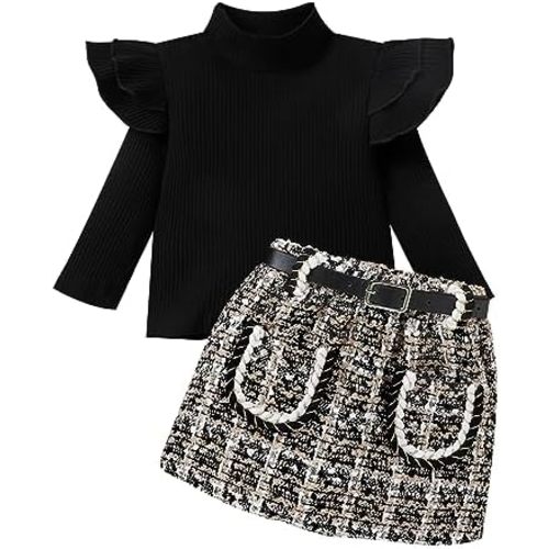 Fernvia Toddler Baby Girl Fall Winter Skirt Set Turtleneck Ribbed Long Sleeve T-Shirt Top & Plaid Skirts Dress 2Pcs Outfits