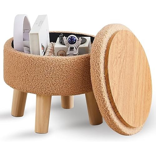 Wimarsbon Storage Ottoman, Modern Round Footrest with Soft Padded Seat, Teddy Velvet Footstool with Wood Legs, Accent Small Table or Plant Stand for Hallway, Living Room (Champagne)