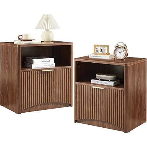 Fluted Nightstand Set of 2, Walnut Bedside Table with Drawer and Storage, Wood End Table Mid Century Modern, Large Night Stand for Bedroom