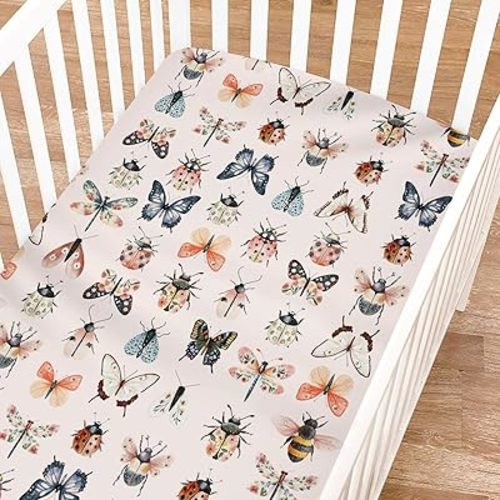 Watercolor Bees Butterflies Moth Floral Baby Crib Sheets for Girl Boy 52"x28" Spring Forest Beetles Bees Flowers Pink Soft Breathable Nursery Baby Sheet for Standard Crib and Toddler Bed Mattresses