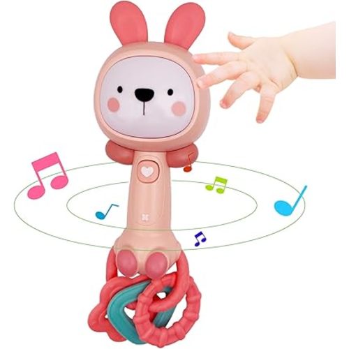 Musical Rabbit Light-Up Toy and Teething Ring for Toddlers Sensory Chew and Fine Motor Skills Toy Baby Rattle and Teething Toys for 6 12 18 Month Babies (Rabbit)