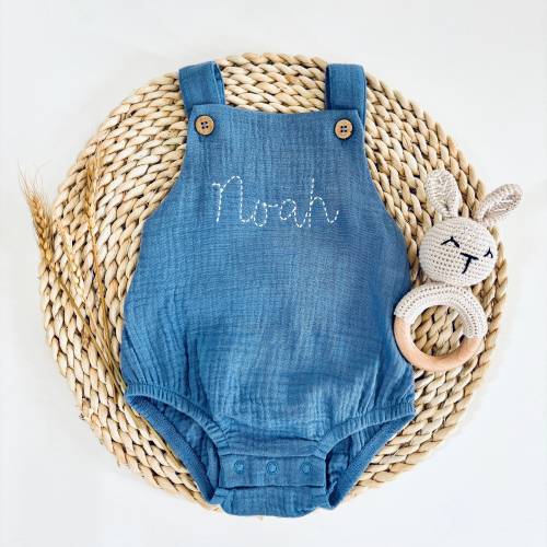 Blue Organic Cotton Baby Romper: Embroidered Personalized Outfit
