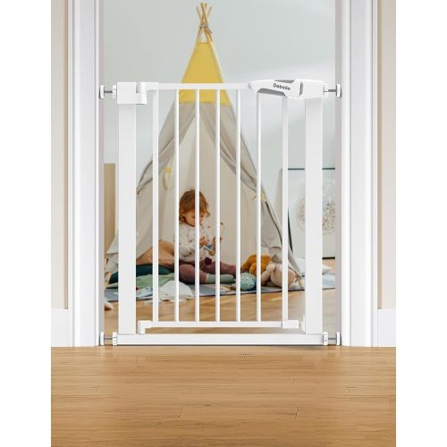 BABELIO 26-28.5 Inch Narrow Easy Install Baby Gate, Auto-Close Metal Pet Gate for Small Stairs and Doorways, NO Drilling Pressure Mounted, NO Extensions, White