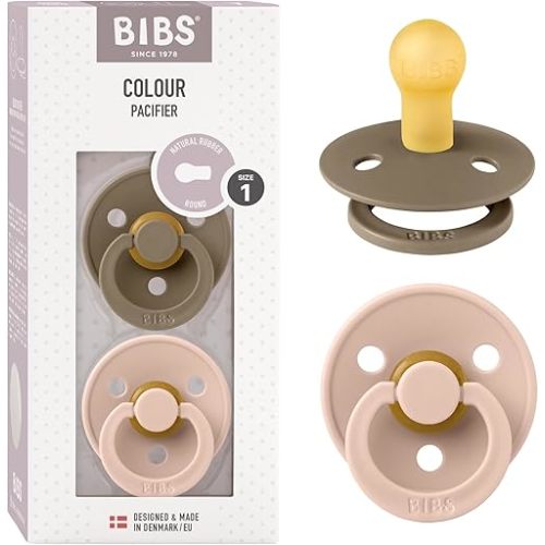 BIBS Pacifiers Colour Collection | Natural Rubber Baby Pacifier | Set of 2 BPA-Free Soothers | Made in Denmark | 0+ Months (Pack of 2) | Blush/Dark Oak