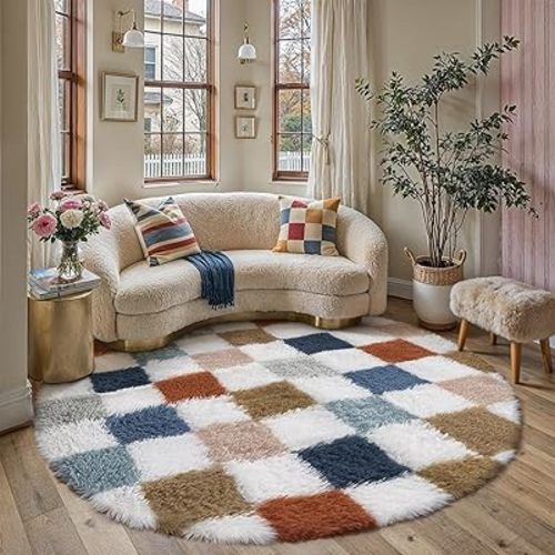 PureCozy Checkered Rug 6x6 for Living Room, Modern Rainbow Shag Super Soft Washable Fluffy Rugs Indoor Fuzzy Carpet for Bedroom Home Dorm Aesthetic Decor