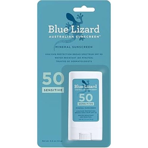 BLUE LIZARD Sensitive Mineral Sunscreen Stick with Zinc Oxide, SPF 50+, Water Resistant, UVA UVB Protection Easy to Apply, Fragrance Free, 0.5 Oz