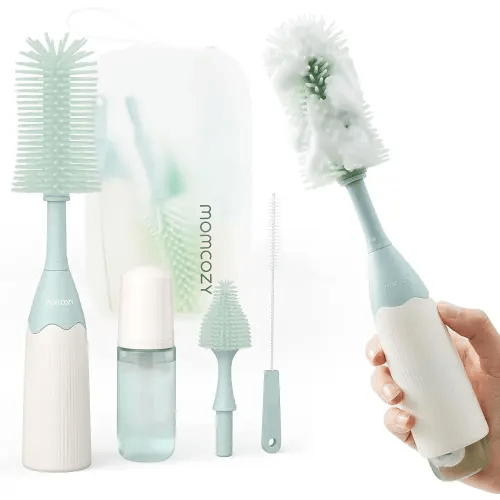 Momcozy Bottle Brush Kit, Innovative Push-Press Design for Better Cleaning - Baby Bottle Cleaner Brush for Baby Bottle, Breast Pumps, Nipples, and More - Can Generate Foam for Better Cleaning, Green