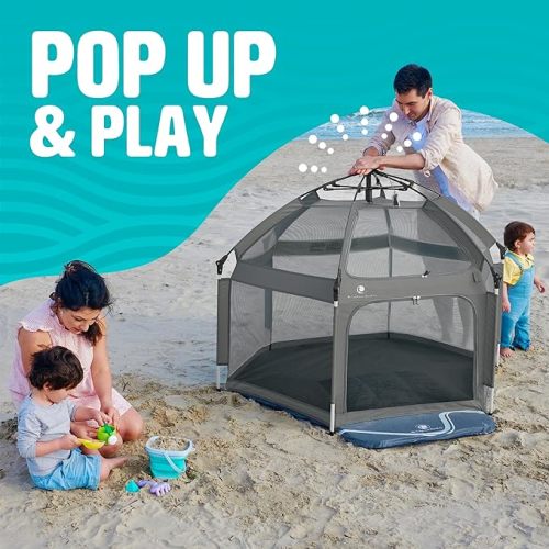 POP 'N GO Premium Indoor and Outdoor Baby Playpen - Portable, Lightweight, Pop Up Pack and Play Toddler Play Yard w/Canopy and Travel Bag - Anchor Grey