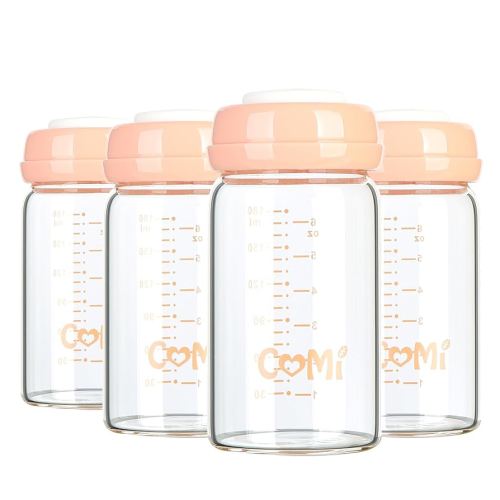 COMI Wide Neck Glass Breastmilk Collection n Storage Bottle, 4 Packs, 6oz with Screw Ring Sealing Disk; Re-markable Sealing Disc. BPA Free, Fits Breast Pumps & Nipples (4 Pink Lids)